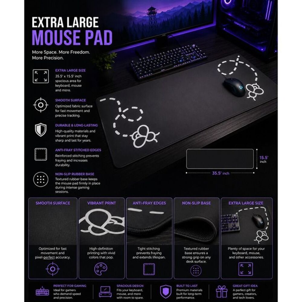 XXL Gaming Mouse Pad Cute Bee Desk Mat 35.5x15.5 Non Slip Stitched Edge